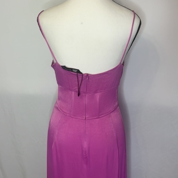 Zara Pink Straight Neck Satin Effect Midi Dress - Picture 10 of 13